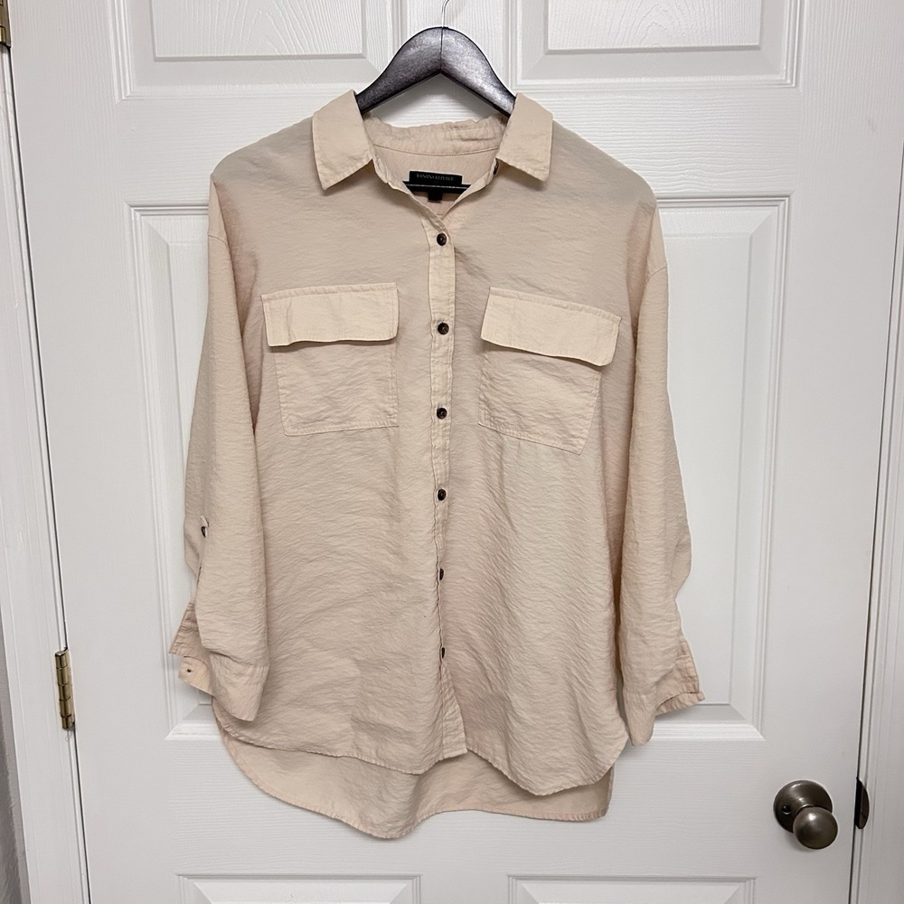 Banana Republic Button Up Women's Shirt L Beige 3/4 Sleeve Beachy Cotton Blend